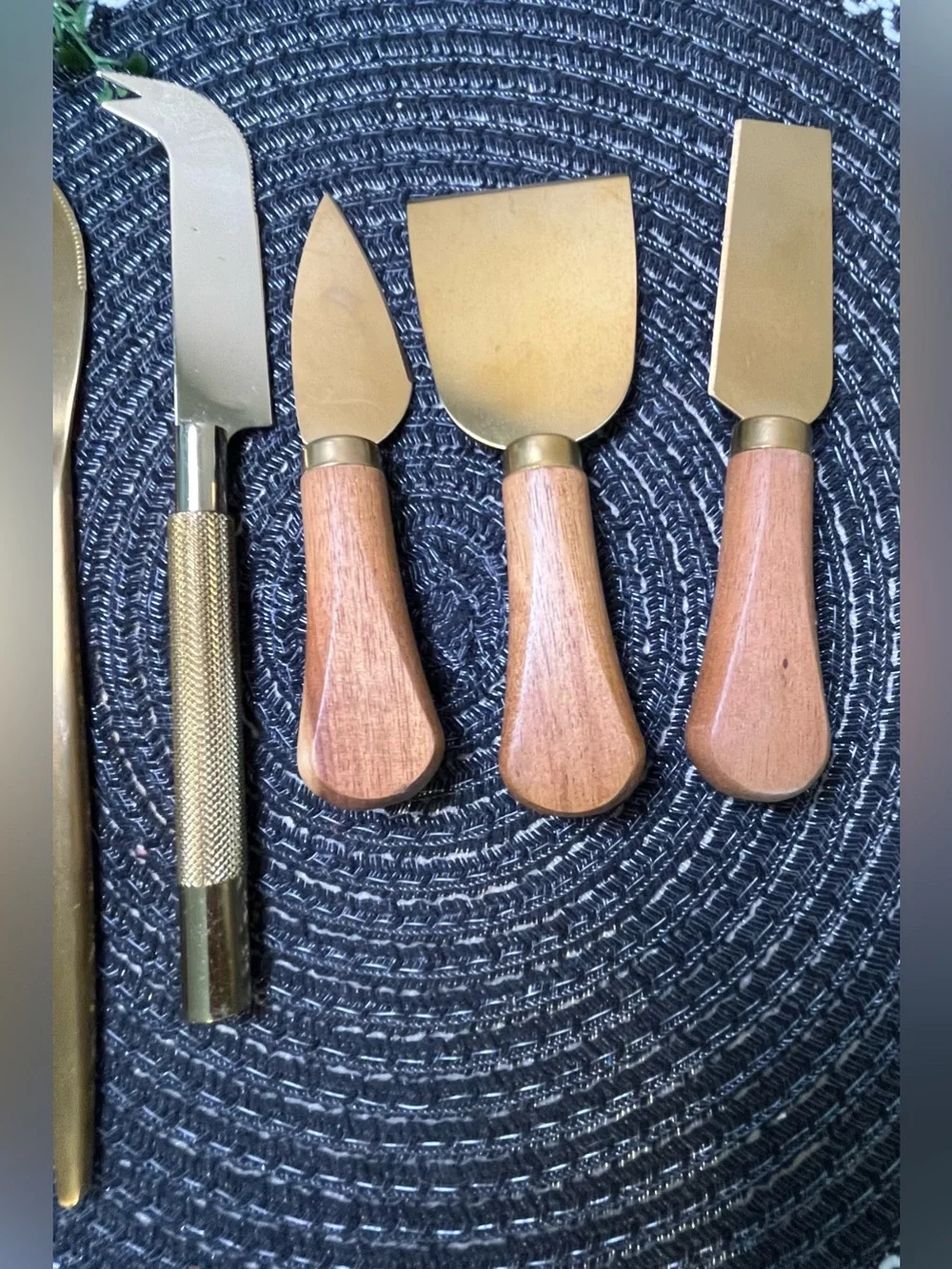 Brass and Wood Kitchen Utensil Set - Gold Tone